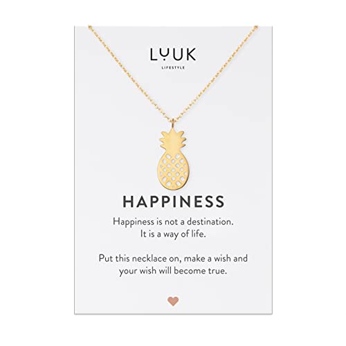 LUUK LIFESTYLE Filigrane Halskette mit Ananas Anhänger und HAPPINESS Geschenkkarte, Geschenkidee für Frauen, 50 cm Kettenlänge, Edelstahl Schmuck, Freundschaftskette, Gold von LUUK LIFESTYLE