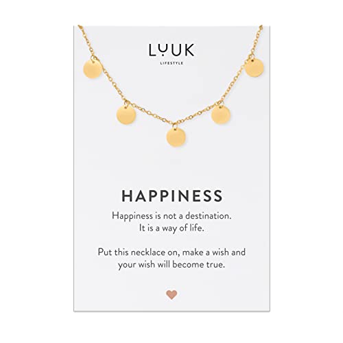 LUUK LIFESTYLE Filigrane Halskette mit Coins | Plättchen Anhängern und HAPPINESS Spruchkarte, Edelstahl, Geschenkidee für Frauen, schlichtes Design, Damenschmuck, Gold von LUUK LIFESTYLE