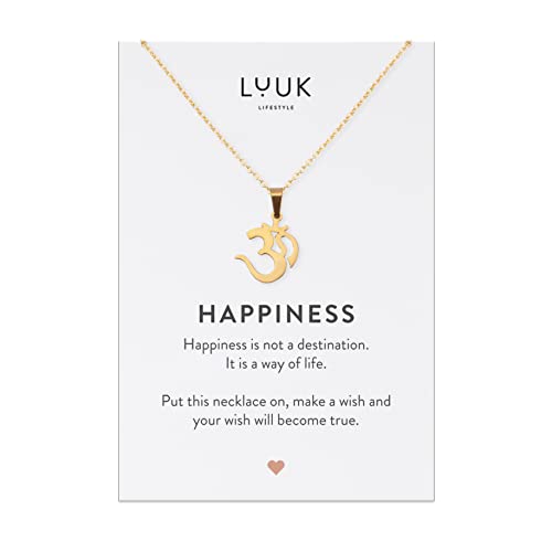 LUUK LIFESTYLE Filigrane Halskette mit Om I Goa Anhänger und HAPPINESS Spruchkarte, Edelstahl, Geschenkidee, Hindu- und Buddhistische Glücksbringer, Damenschmuck, Gold von LUUK LIFESTYLE