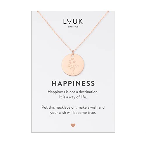 LUUK LIFESTYLE Filigrane Halskette mit Plättchen Anhänger mit floralem Muster und HAPPINESS Spruchkarte, Geschenkidee für Frauen, schlichter Stil, Zen Schmuck Entspannung, Rosa von LUUK LIFESTYLE