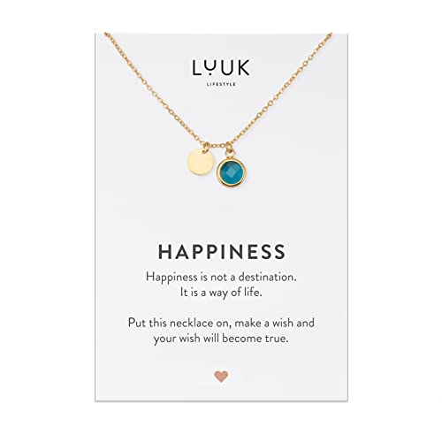 LUUK LIFESTYLE Filigrane Halskette mit blauem Glaskristall Anhänger, HAPPINESS Spruchkarte, Geschenkidee für Frauen, Statement Schmuck, Muttertag, Valentinstag, Gold von LUUK LIFESTYLE