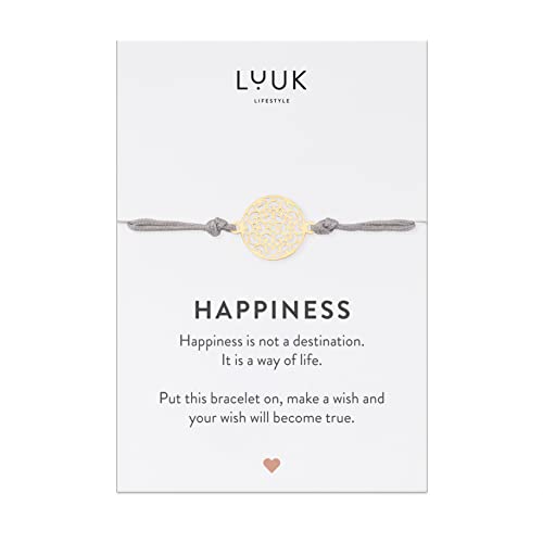 LUUK LIFESTYLE Freundschaftsarmband mit Blume des Lebens Charm aus hochwertigem Edelstahl, Glücksbringer, mit HAPPINESS Karte, Geschenk für die Freundin, schick und dezent, Party, Gold von LUUK LIFESTYLE