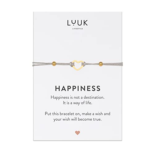 LUUK LIFESTYLE Freundschaftsarmband mit Herz Anhänger und HAPPINESS Karte, Reiseglücksbringer, Geschenkidee für Freundin, Verlobte, Valentinstag, Geburtstag, Damenaccessoire, beige, Hellbraun, Gold von LUUK LIFESTYLE