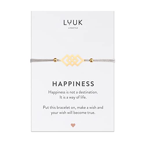 LUUK LIFESTYLE Filigranes Armband mit Quadrat Anhänger und HAPPINESS Spruchkarte, Glücksbringer, Freundschaftssymbol, Geschenkidee, handgefertigtes Schmuckstück, Seidenband, Gold von LUUK LIFESTYLE