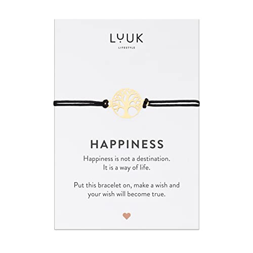 LUUK LIFESTYLE Freundschaftsarmband mit Lebensbaum Anhänger und HAPPINESS Karte, Glücksbringer, Freundschaft Symbol, Geschenkidee, handgefertigtes Schmuckstück, Armband aus Edelstahl, schwarz, Gold von LUUK LIFESTYLE