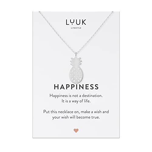 LUUK LIFESTYLE Halskette aus Edelstahl mit Ananas Anhänger, einstellbare Kette, Damenschmuck, tropisches Sommermotiv, Spruchkarte HAPPINESS, summer vibes, Glücksbringer auf Reise, Silber von LUUK LIFESTYLE