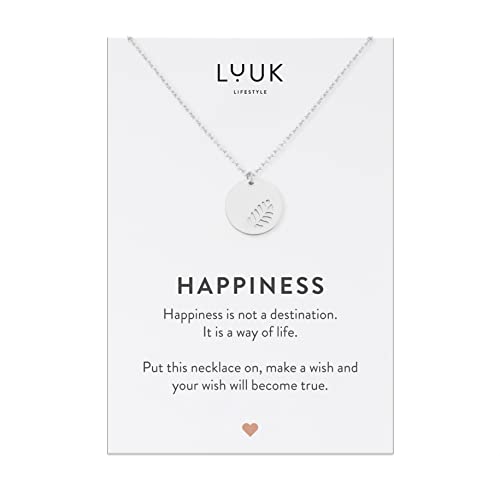 LUUK LIFESTYLE Halskette aus Edelstahl mit Blatt Anhänger und HAPPINESS Geschenkkarte, Glücksbringer, minimalistischer Damenschmuck für den Alltag, Silber von LUUK LIFESTYLE