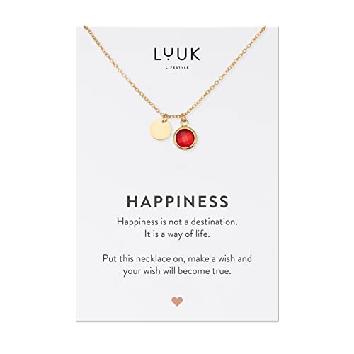 LUUK LIFESTYLE Halskette aus Edelstahl mit Glaskristallanhänger in Rot und Happiness Spruchkarte, verstellbare Länge von 50 cm, Geschenkidee & Damenschmuck, Gold von LUUK LIFESTYLE