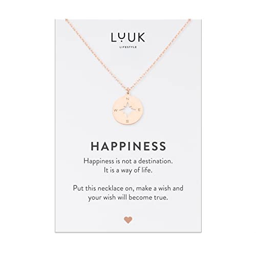 LUUK LIFESTYLE Halskette aus Edelstahl mit Kompass Anhänger und HAPPINESS Spruchkarte, Glücksbringer, verstellbare Kette, zeitloses Modeaccessoire, Rosa von LUUK LIFESTYLE