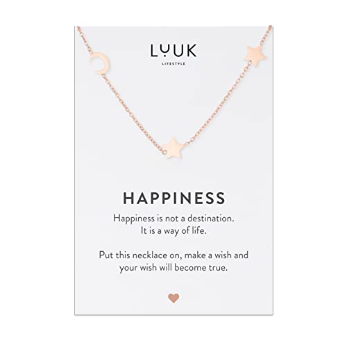 LUUK LIFESTYLE Halskette aus Edelstahl mit Mond & Stern Anhängern, 50cm verstellbare Kettenlänge, Damenschmuck, HAPPINESS Spruchkarte, Glücksbringer, Rosa von LUUK LIFESTYLE