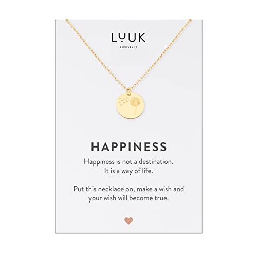 LUUK LIFESTYLE Edelstahl Halskette mit Pusteblume Plättchen Anhänger und HAPPINESS Geschenkkarte, Glücksbringer, Zen Naturmotiv, Freundschaftskette, Gold von LUUK LIFESTYLE