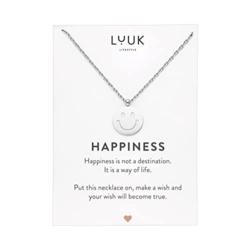 LUUK LIFESTYLE Halskette aus Edelstahl mit Smiley I Emoji Anhänger und HAPPINESS Spruchkarte, Glücksbringer, Glückssymbol, Geschenkidee, Schmuck für Frauen, Silber von LUUK LIFESTYLE