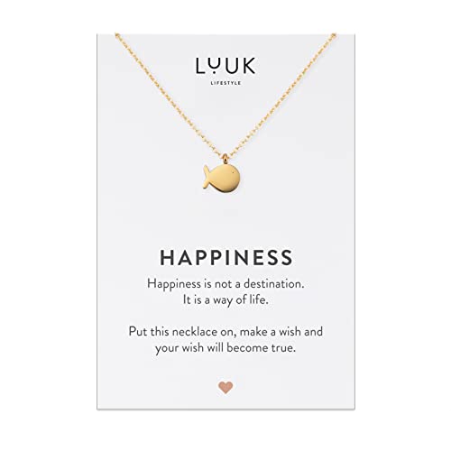 LUUK LIFESTYLE Halskette aus Edelstahl mit Fisch Anhänger und HAPPINESS Spruchkarte, Glücksbringer, verstellbare Kette, Geschenkidee für Frauen, Gold von LUUK LIFESTYLE