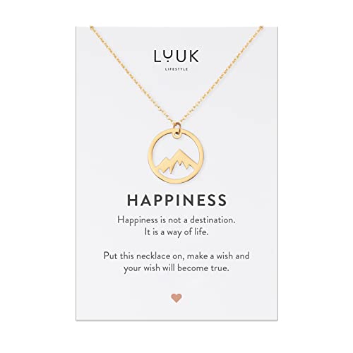 LUUK LIFESTYLE Halskette mit Gipfel | Berg Anhänger, wasserfest und dezent, Modeaccessoire, HAPPINESS Spruchkarte, modernes Design, Geschenkidee zum Geburtstag, Gold von LUUK LIFESTYLE