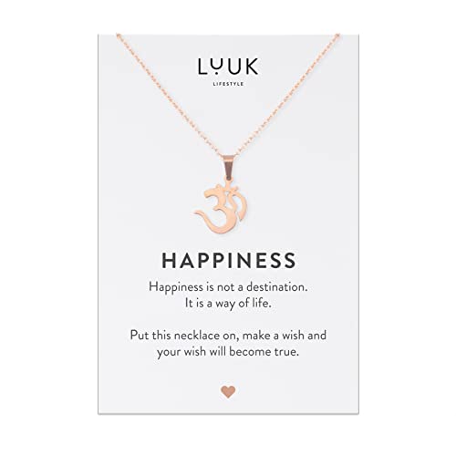 LUUK LIFESTYLE Halskette mit Anhänger Om I Goa Zeichen und HAPPINESS Geschenkkarte, schlichtes, asiatisches und hinduistisches Symbol, Schmuck zur Meditation, Geschenkidee, Rosa von LUUK LIFESTYLE