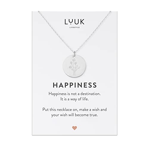 LUUK LIFESTYLE Halskette mit Blume | Rose Anhänger und HAPPINESS Spruchkarte, wasserfest, filigranes Modeaccessoire, modernes Design, Geschenkidee, layer look, Silber von LUUK LIFESTYLE