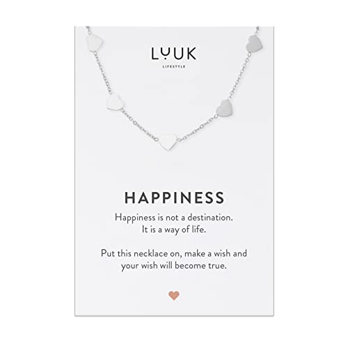 LUUK LIFESTYLE Halskette mit Herz Anhänger und HAPPINESS Spruchkarte, Liebessymbol, filigranes Modeaccessoire, Liebesbeweis, Geschenkidee zum Valentinstag, Silber von LUUK LIFESTYLE