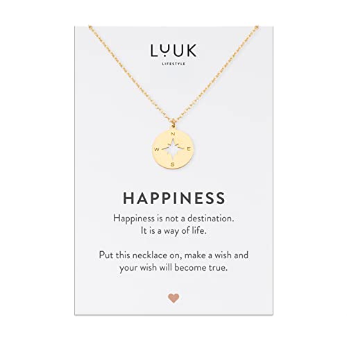 LUUK LIFESTYLE Freundschaftskette mit Kompass Anhänger aus Edelstahl und HAPPINESS Spruchkarte, Schmuck für Frauen, Gold von LUUK LIFESTYLE