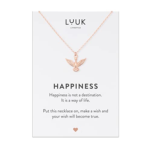 LUUK LIFESTYLE Halskette mit Phönix I Vogel Anhänger und HAPPINESS Spruchkarte, wasserfest, dezenter Stil, Modeaccessoire, Abschiedsgeschenk, Roségold von LUUK LIFESTYLE