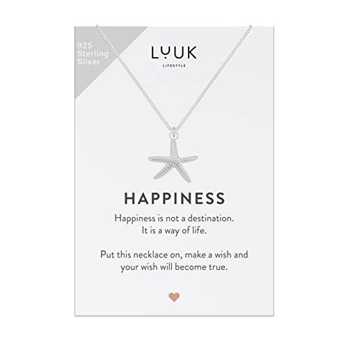 LUUK LIFESTYLE Halskette mit Seestern | Maritim Anhänger und Happiness Geschenkkarte, Schmuck für den Alltag, Strand, Urlaub, aus 925er Sterlingsilber, verstellbare Kette, langlebig, Silber von LUUK LIFESTYLE