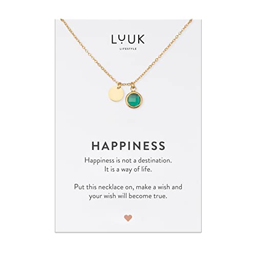 LUUK LIFESTYLE Hochwertige Kette mit grünem Kristall Anhänger und persönlicher Spruchkarte, Glücksbringer, Yoga-Kette, Layer Look, Edelstahl Abendschmuck, Gold von LUUK LIFESTYLE