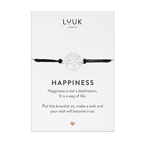 LUUK LIFESTYLE Filigranes Armband mit Lebensbaum Anhänger und HAPPINESS-Karte, Geschenk für die Freundin, handgefertigt, modernes Modeaccessoire Yoga Schmuck, Karma, Festival Look, Silber von LUUK LIFESTYLE