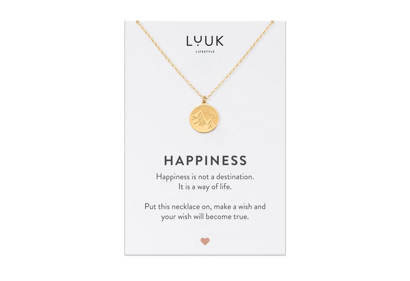 LUUK LIFESTYLE Kette mit Anhänger Berg, Feminine Halskette, Bergsteiger Globetrotter Anhänger, Edelstahl, HAPPINESS Spruchkarte, Reiseglücksbringer, Geschenk zum Valentinstag, Freundin, Freundschaftskette, Gold von LUUK LIFESTYLE