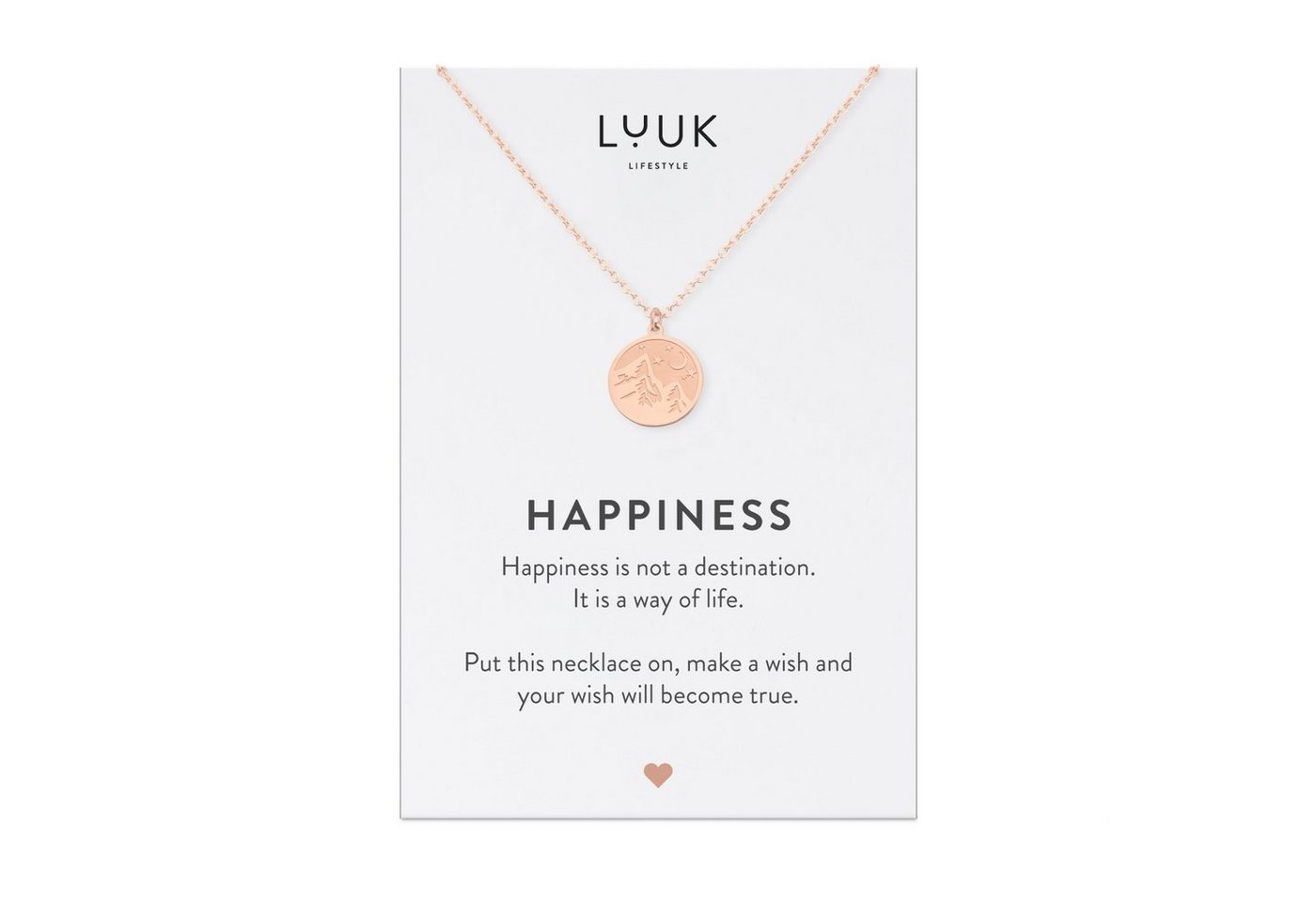 LUUK LIFESTYLE Kette mit Anhänger Berg, Edelstahl, Gipfel l Bergsteiger I Gebirge Anhänger und HAPPINESS Geschenkkarte, Glücksbringer auf Reise, Schmuck zum Wandern und Spazierengehen, Freundschaftskette, Roségold von LUUK LIFESTYLE