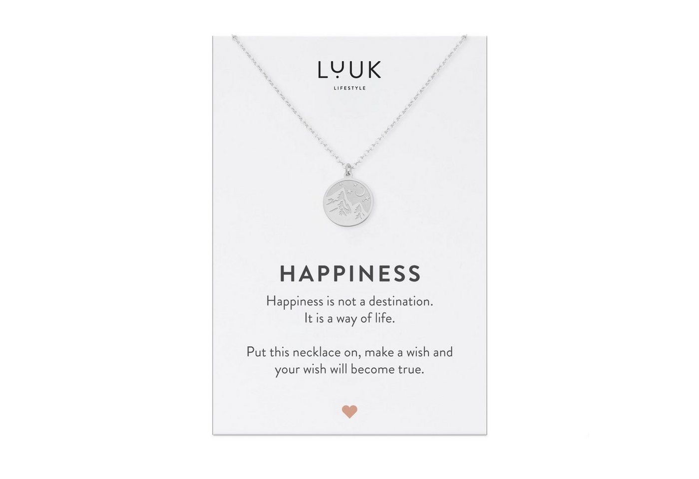 LUUK LIFESTYLE Kette mit Anhänger Berg, Edelstahl, Bergsteiger I Berg I Reiselust Anhänger und HAPPINESS Geschenkkarte, Glücksbringer, Frauenschmuck, Geschenk für Freundin, Mountainlover, Silber von LUUK LIFESTYLE