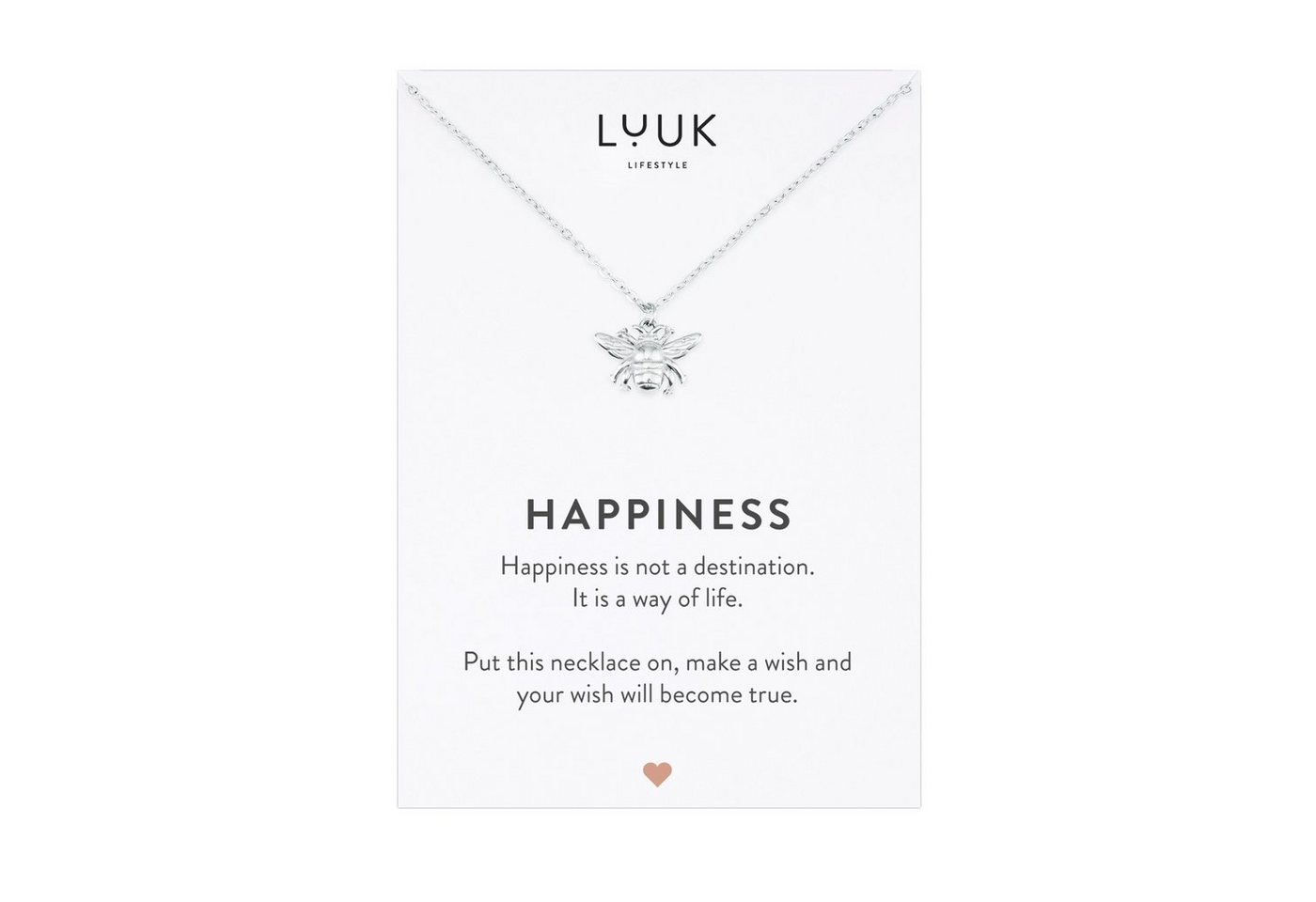 LUUK LIFESTYLE Kette mit Anhänger Biene, Bienen Anhänger, Edelstahl, verstellbare Kette, Schmuck für Frauen und Teenager, HAPPINESS Spruchkarte, Glücksbringer, Geschenkidee zum Geburtstag, Valentinstag, Silber von LUUK LIFESTYLE