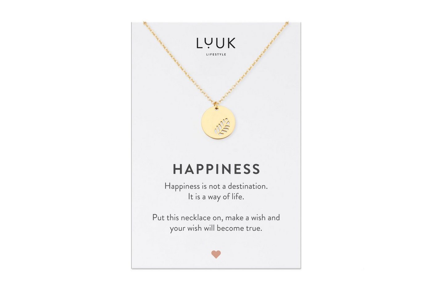 LUUK LIFESTYLE Kette mit Anhänger Blatt, Zen Glücksbringer für Naturliebhaberin, Modeschmuck für Frauen und Teenagerin, Yoga Schmuck, Edelstahl Halskette mit Blatt Anhänger und HAPPINESS Geschenkkarte, Gold von LUUK LIFESTYLE