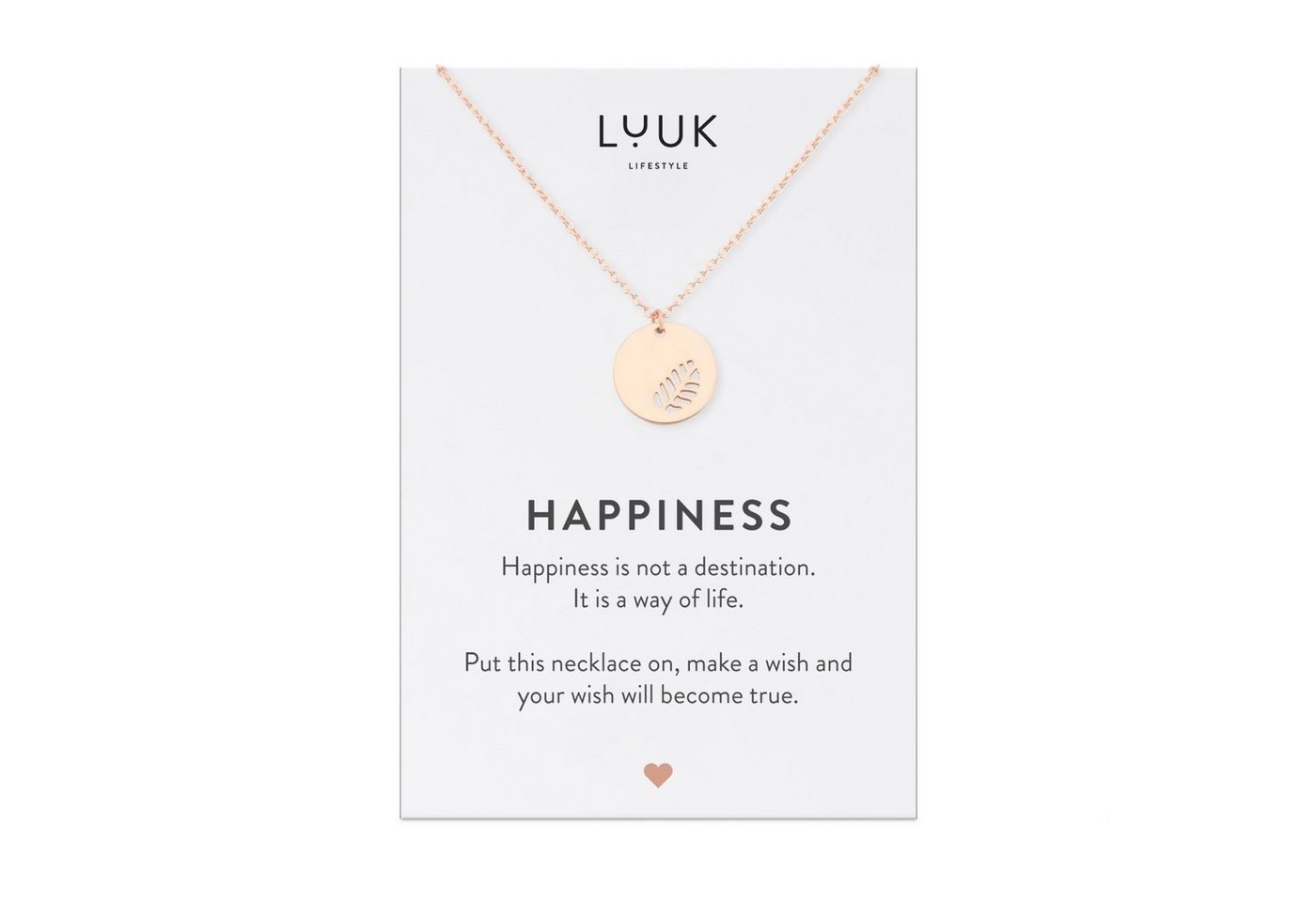 LUUK LIFESTYLE Kette mit Anhänger Blatt, Freundschaftskette, verstellbare Länge, Geschenkidee für die Freundin, Mutter, Edelstahl mit Blatt Leaf Anhänger und HAPPINESS Spruchkarte, Zen Glücksbringer, F Roségold von LUUK LIFESTYLE