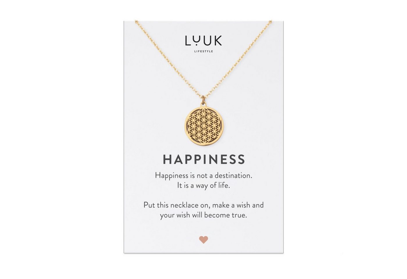 LUUK LIFESTYLE Kette mit Anhänger Blume des Lebens, Geschenkidee, alltagstauglich und wasserfest, 50 cm Kettenlänge, filigran und dezent, Blume des Lebens Mandala Anhänger und HAPPINESS Spruchkarte, Modeaccessoire, Gold von LUUK LIFESTYLE