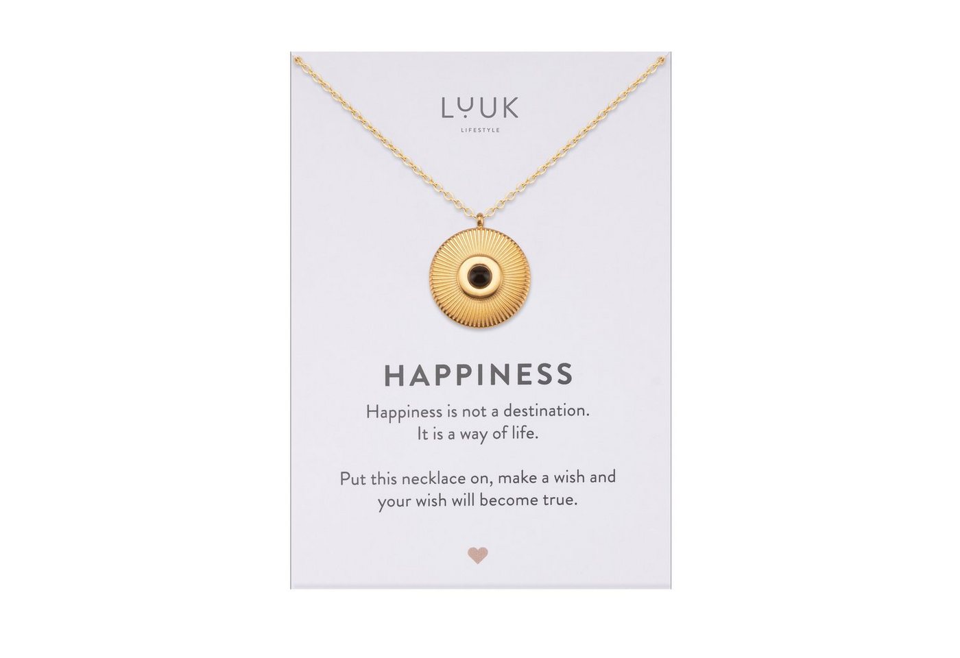 LUUK LIFESTYLE Kette mit Anhänger Coin mit blauem Stein, mit Happiness Spruchkarte, wasserfest & hautverträglich von LUUK LIFESTYLE