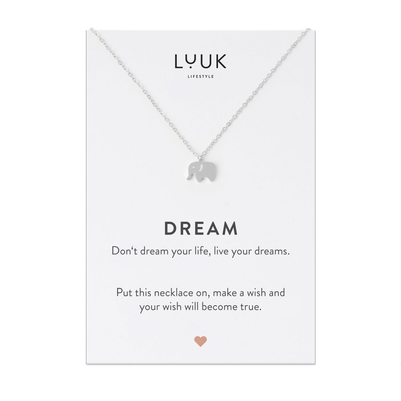 LUUK LIFESTYLE Kette mit Anhänger Elefant, Elefant Anhänger, DREAM Lebe deine Träume" Spruchkarte, modisches Accessoire für Freundin, Verlobte, Damenschmuck, Geschenk Valentinstag, Geburtstag, Silber" von LUUK LIFESTYLE