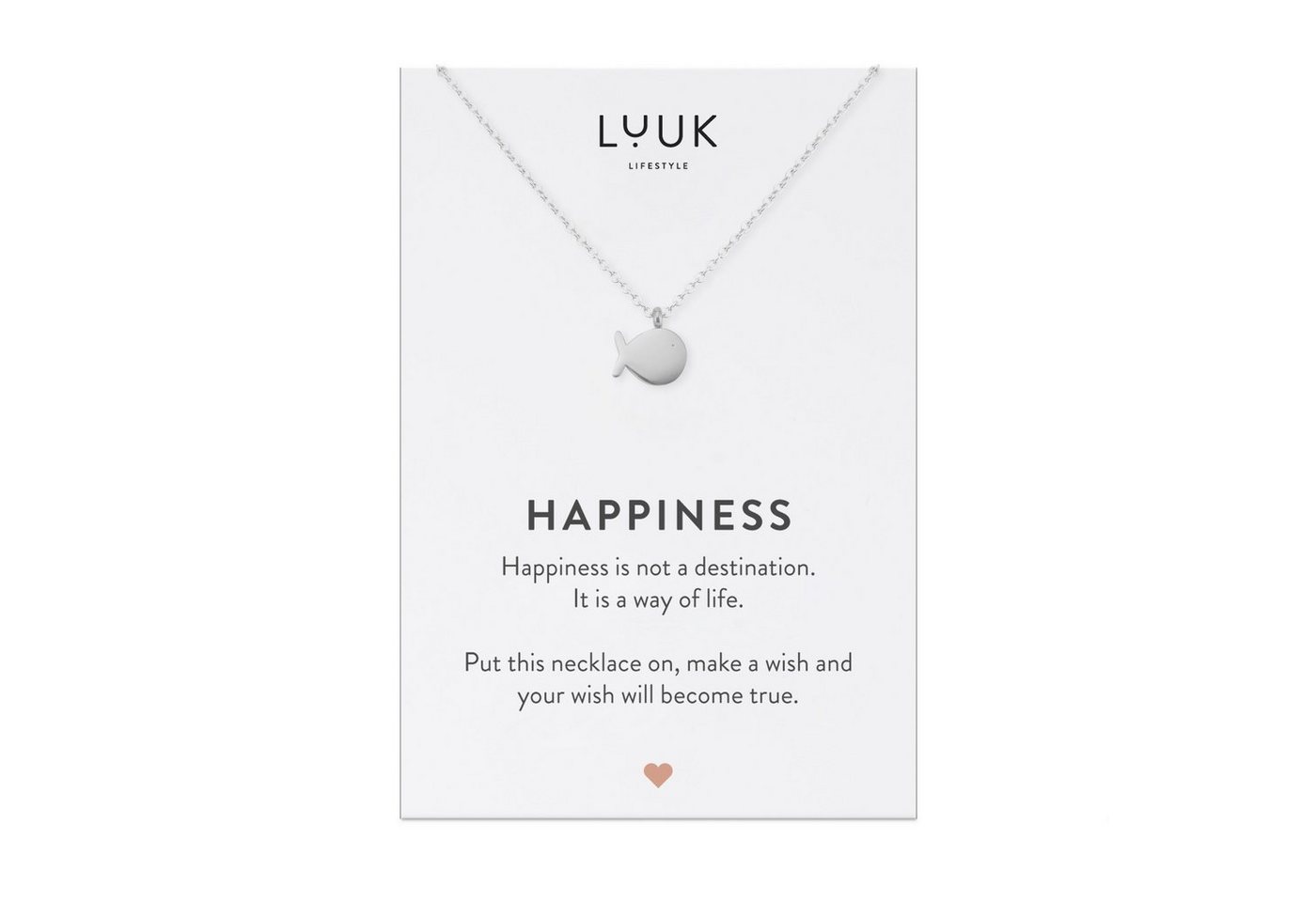 LUUK LIFESTYLE Kette mit Anhänger Fisch, Wal Fisch Anhänger, HAPPINESS Geschenkkarte, Glücksbringer, Edelstahl, Freundschaftskette, Damenschmuck mit Meer- und Wassermotiv, Silber von LUUK LIFESTYLE