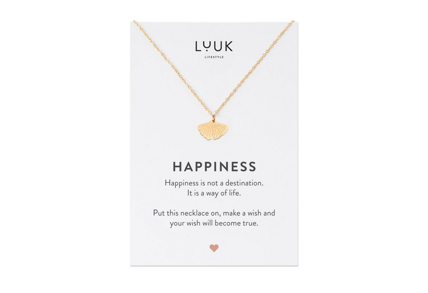 LUUK LIFESTYLE Kette mit Anhänger Ginkgo, Ginkgo Blatt Anhänger und HAPPINESS Geschenkkarte, modernes, minimalistisches Modeaccessoire, Schmuck zum täglichen Tragen, Glücksbringer für Reise, Prüfung, Gold von LUUK LIFESTYLE