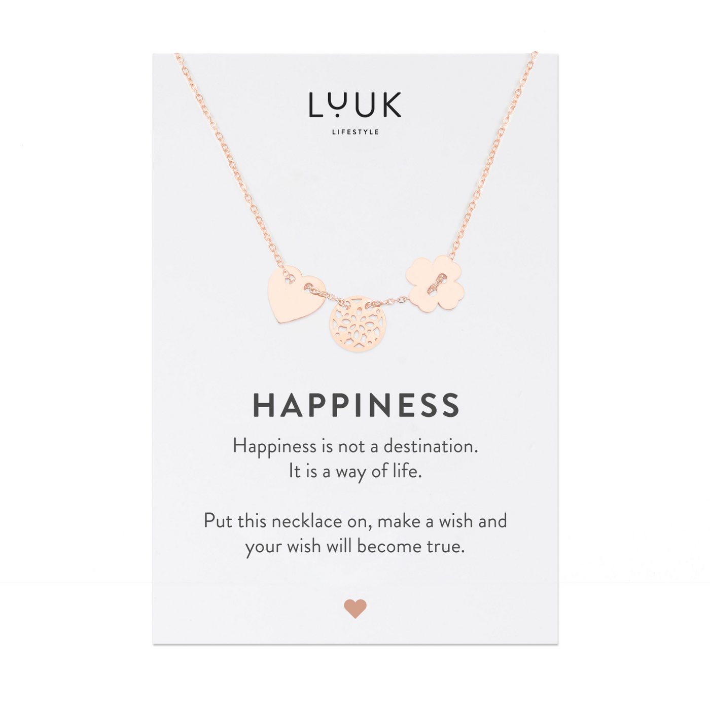 LUUK LIFESTYLE Kette mit Anhänger Glücksbringer, HAPPINESS Geschenkkarte, feminines Schmuckstück für die Freundin, Glücksbringer, Edelstahl, Mandala-, Herz- und Kleeblattanhänger, minimalistischer Stil, Rosé von LUUK LIFESTYLE