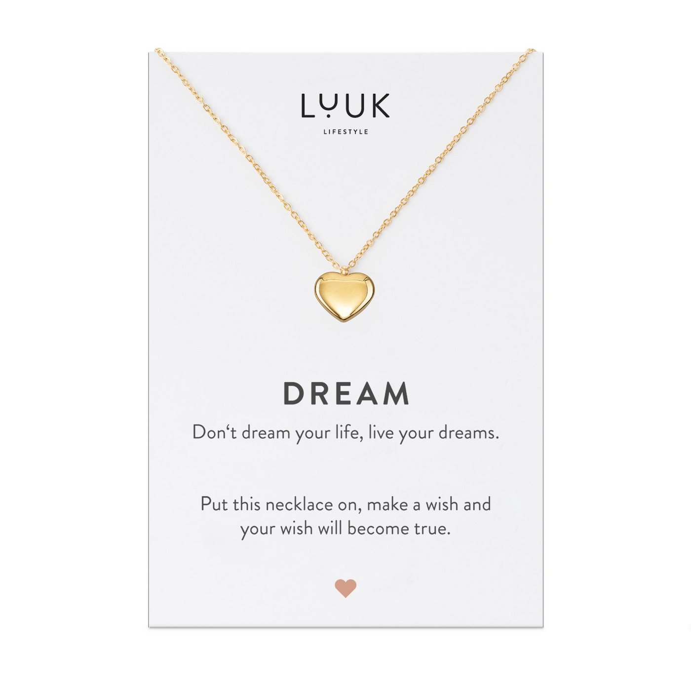 LUUK LIFESTYLE Kette mit Anhänger Herz, Herz Anhänger, DREAM Spruchkarte Verfolge deine Träume", Glücksbringer, Edelstahl, Damenschmuck, Geschenkkarte, schlichter Stil, minimalistisches Design, Gold" von LUUK LIFESTYLE