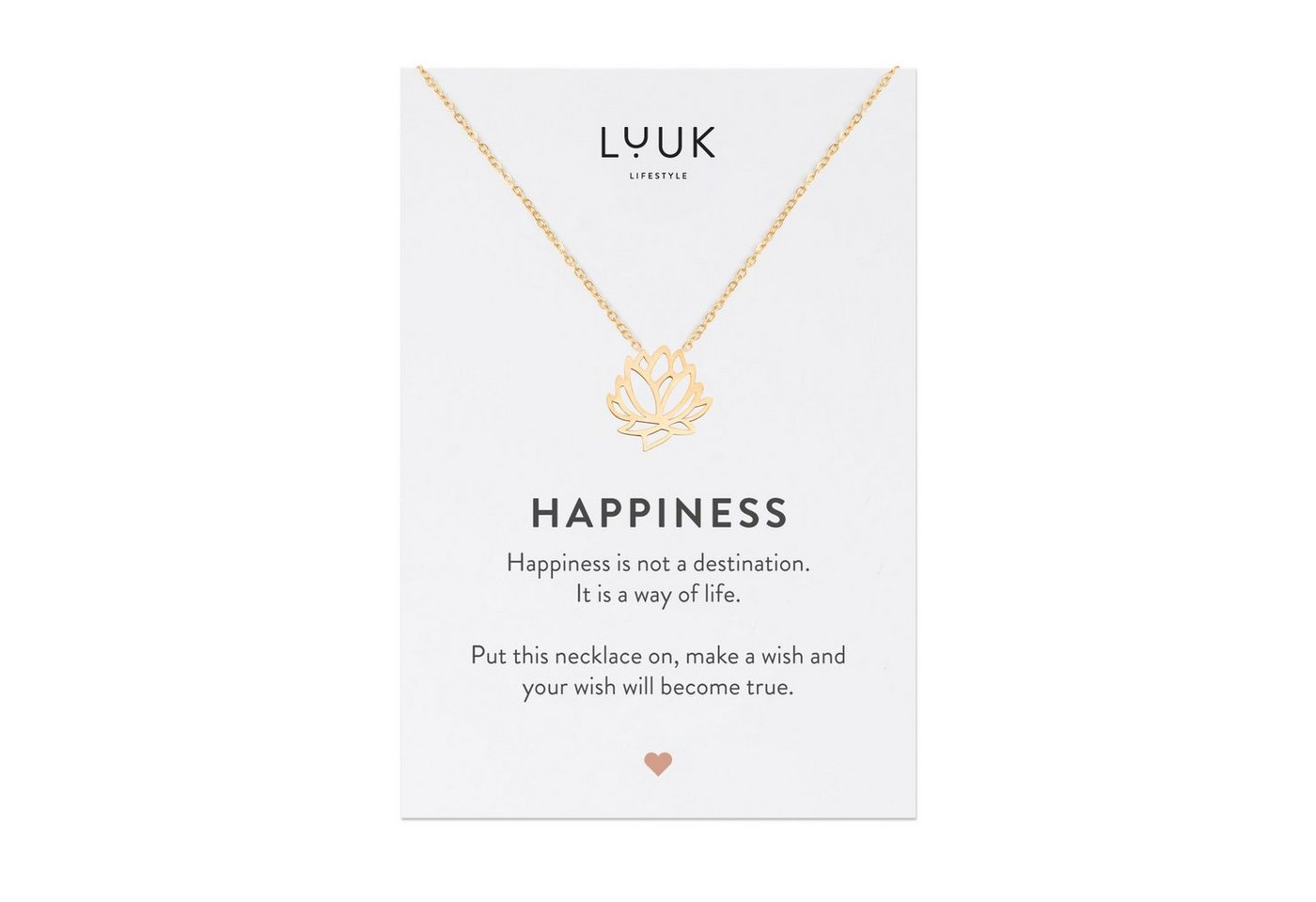 LUUK LIFESTYLE Kette mit Anhänger Lotusblüte, minimalistisches Zen Modeaccessoire für Sie, Edelstahl mit Lotusblüte Anhänger und HAPPINESS Geschenkkarte zum Selbstgestalten, schicker und eleganter Stil, Gold von LUUK LIFESTYLE