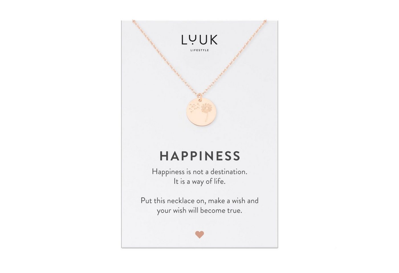 LUUK LIFESTYLE Kette mit Anhänger Pusteblume, Edelstahl, Pusteblume I Löwenzahn Anhänger und HAPPINESS Geschenkkarte, Yogi-Schmuck, Glücksbringer, Freundschaftskette, Zen Symbol der Natur, Geschenkidee, Roségold von LUUK LIFESTYLE