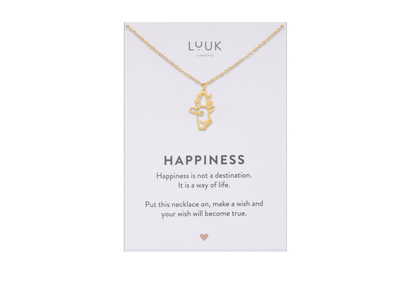 LUUK LIFESTYLE Kette mit Anhänger Reh, mit HAPPINESS Spruchkarte, filigran und zeitlos von LUUK LIFESTYLE