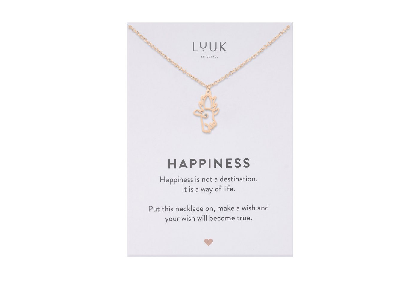 LUUK LIFESTYLE Kette mit Anhänger Reh, mit HAPPINESS Spruchkarte, filigran und zeitlos von LUUK LIFESTYLE
