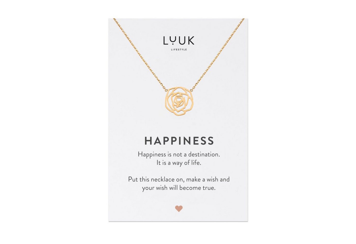 LUUK LIFESTYLE Kette mit Anhänger Rosenblüte, modernes und minimalistisches Modeaccessoire für Sie, Edelstahl mit Blume Rose Anhänger und HAPPINESS Geschenkkarte, schicker und eleganter Stil, Gold von LUUK LIFESTYLE