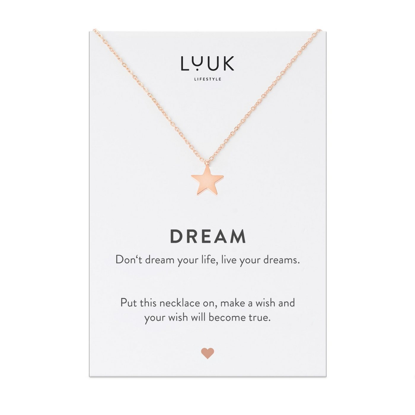 LUUK LIFESTYLE Kette mit Anhänger Stern, Geburtstagsgeschenk, trendige Damenmode, Stern Anhänger, DREAM Spruchkarte, Glücksbringer, Schmuck für Frauen, Freundin, Roségold von LUUK LIFESTYLE