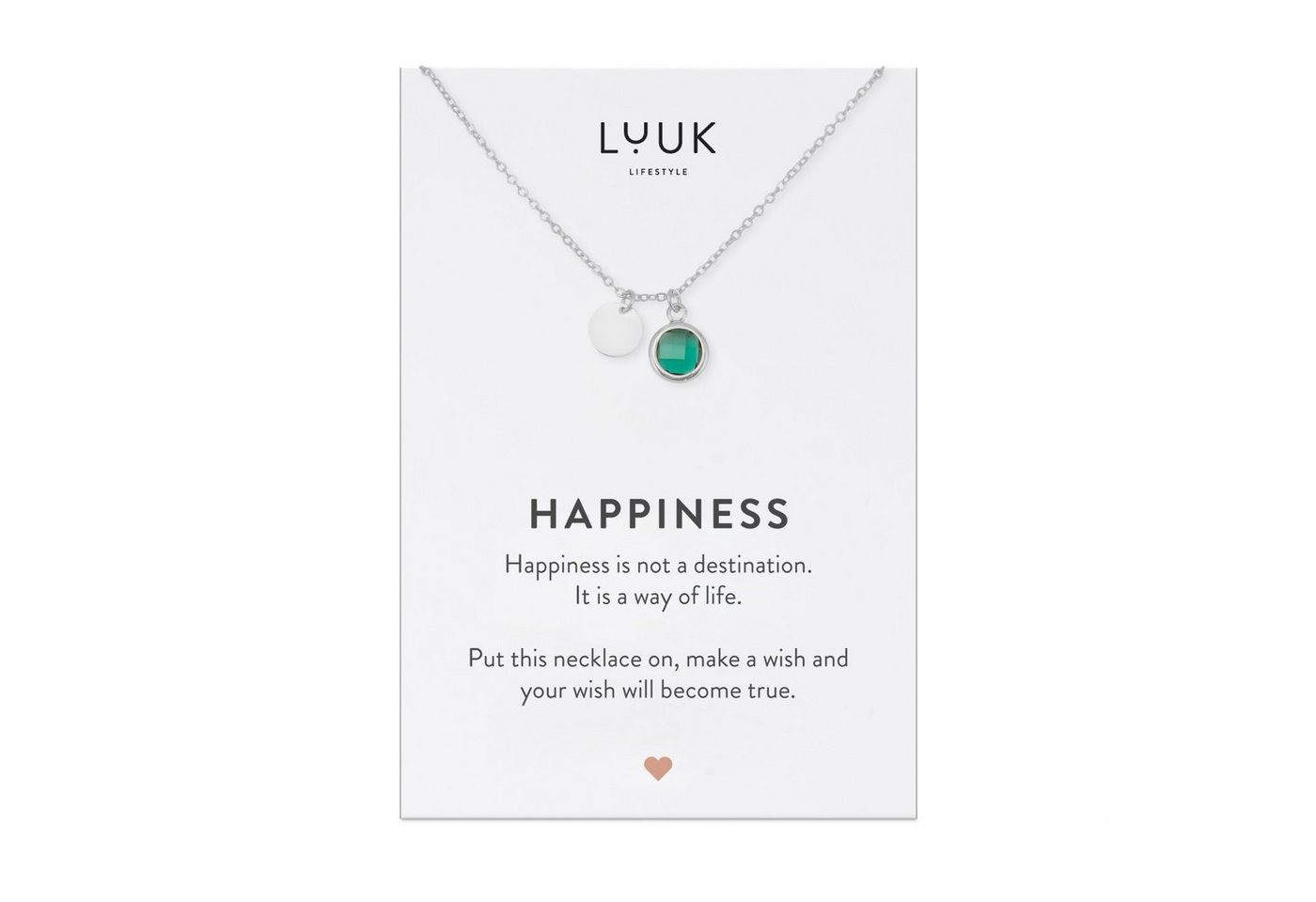 LUUK LIFESTYLE Kette mit Anhänger grüner Kristall, grüner Glaskristall Anhänger, HAPPINESS Spruchkarte, Geschenkidee für Freundin, Verlobte, filigrane 50cm Kette, Modeaccessoire mit schlichtem Design, Silber von LUUK LIFESTYLE