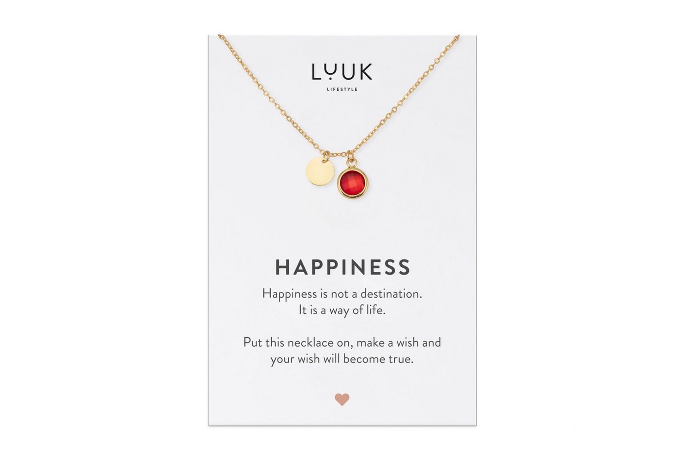 LUUK LIFESTYLE Kette mit Anhänger roter Kristall, Glaskristallanhänger Rot, HAPPINESS Spruchkarte, Edelstahl, verstellbare Länge von 50 cm, Geschenkidee für Frauen, Damenschmuck, Geburtstag, Freundin, Gold von LUUK LIFESTYLE