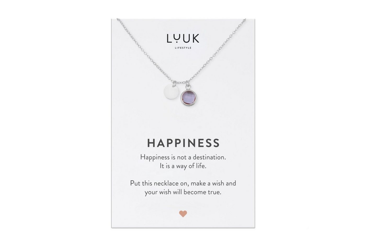 LUUK LIFESTYLE Kette mit Anhänger violetter Kristall, Geschenkidee zu Weihnachten, verstellbare Kettenlänge 50cm, Glücksbringer zu Silvester, Edelstahl, violetter Kristall Anhänger, Spruchkarte, Silber von LUUK LIFESTYLE