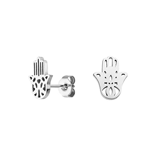 LUUK LIFESTYLE Moderne Ohrringe mit Hamsa Hand Motiv, Edelstahl, Schmuckbox, Design passend zu jedem Style, Geschenkidee für Frauen, hautfreundlich, orientalisches Symbol, Ohrstecker, Silber von LUUK LIFESTYLE