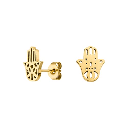LUUK LIFESTYLE Schlichte Ohrringe aus Edelstahl, Damen Ohrstecker, Glücksbringer Geschenk für Frauen und Mädchen, filigran & wasserfest, Hamsa Hand I Fatima, gold von LUUK LIFESTYLE